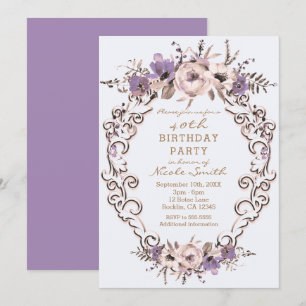 Convites Festa de Aniversário Botânica Floral Creme Roxo