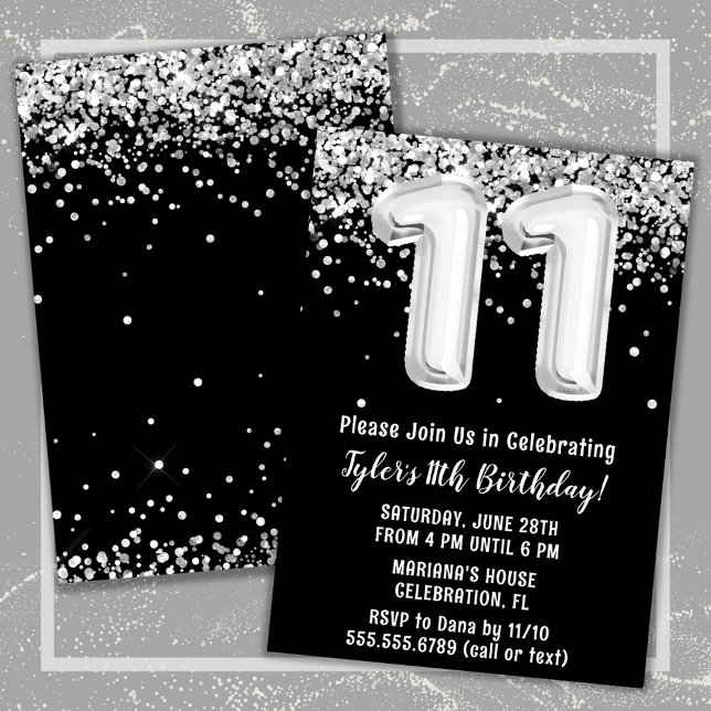 Convites Festa de aniversário branca e 11 preta (Black and White 11th Birthday Party Invitation)