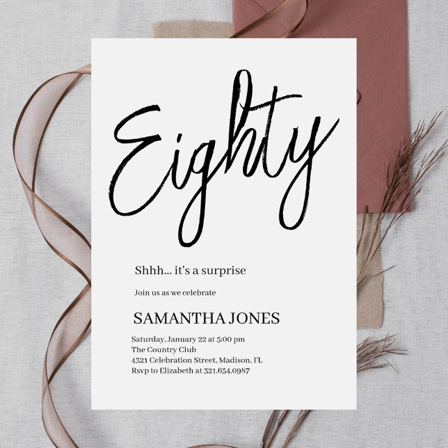 Convites Festa de aniversário branca e 80 preto moderno (Criador carregado)