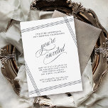 Convites Festa de aniversário branca e preto moderno simple<br><div class="desc">Simples e elegante com talento contemporâneo, este moderno Convite de aniversário 50º contém linhas angulares de cinza de carvão que enquadram seu texto sobre um fundo branco limpo. O texto "você é convidado" em lindos programas floresce intencionalmente, apresentado com destaque para fazer seus convidados se sentirem especiais. Edite os detalhes...</div>