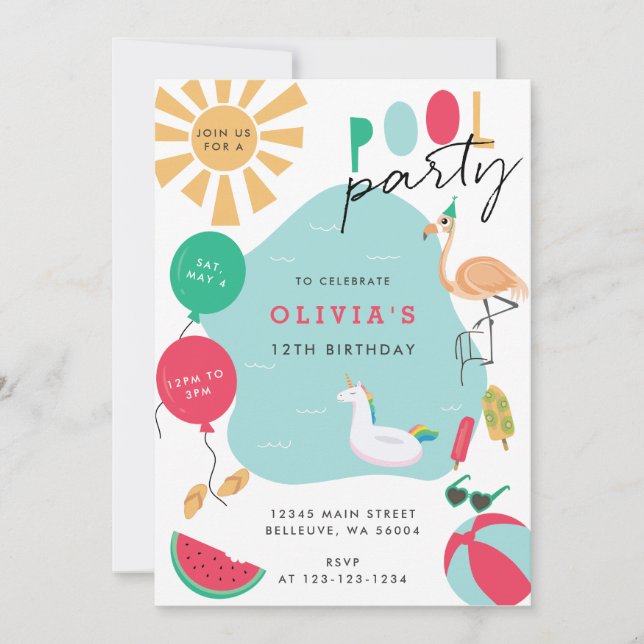 Convites festa de aniversário brilhante da piscina Party (Frente)