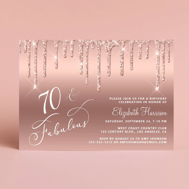 Convites Festa de aniversário brilhante de 70 brilhante Dou (Celebrate her 70 years of sparkle with an elegant rose gold glitter birthday party invitation)