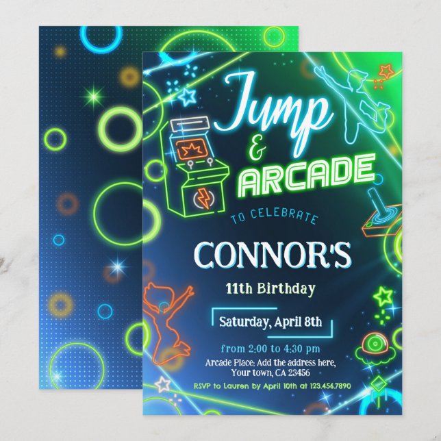 Convites Festa de aniversário Brilhante Neon do Arcade de S (Frente/Verso)