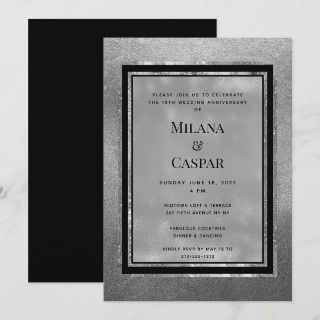 Convites Festa de Aniversário Brilhante Prata Torrado (Frente/Verso)