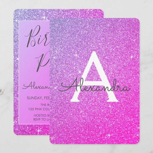 Convites Festa de aniversário Brilhante Rosa Púrpura Brilha (Frente/Verso)
