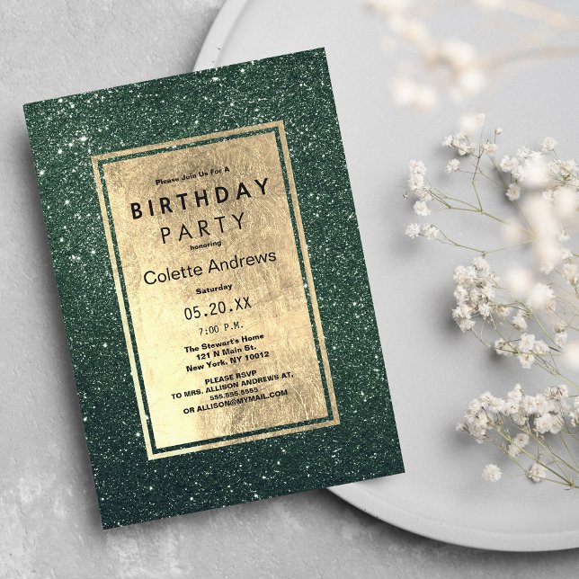Convites Festa de aniversário brilhante verde de ouro flore (Elegant forest green gold glitter Birthday Party )