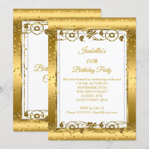 Convites Festa de Aniversário Brilho Branco Flor Dourada