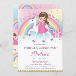 Convites Festa de aniversário Brown Hair Princess e Unicorn