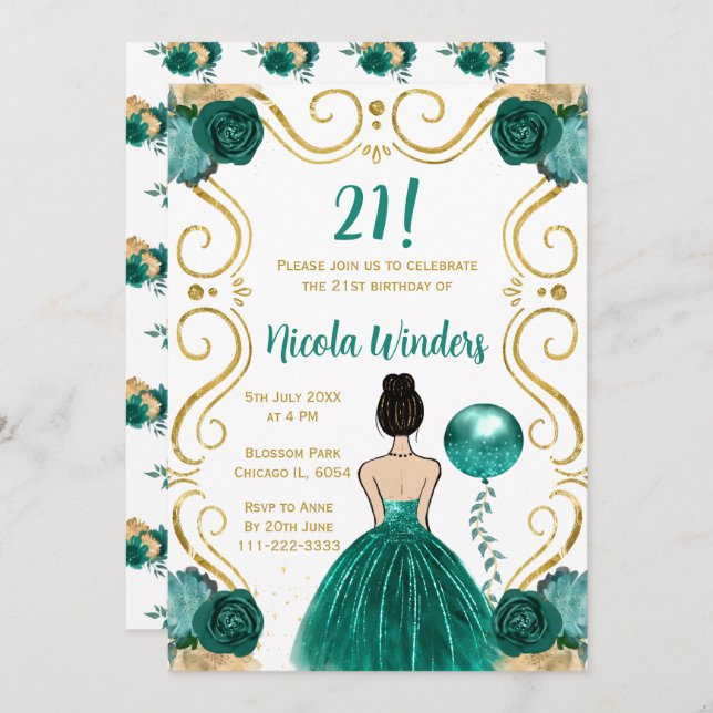 Convites Festa de aniversário Brown Hair Princess em Teal (Frente/Verso)