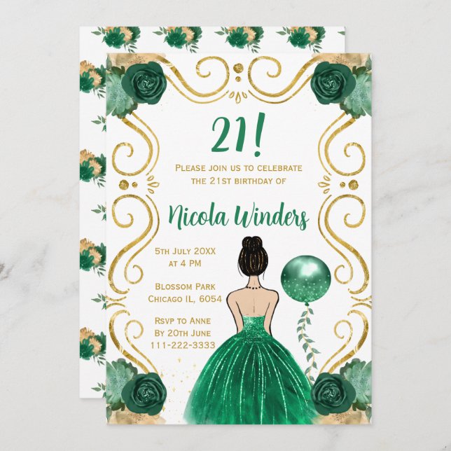 Convites Festa de aniversário Brown Hair Princess em Verde (Frente/Verso)