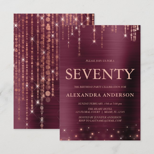 Convites Festa de aniversário Burgundy Dourada Setenta 70 (Frente/Verso)