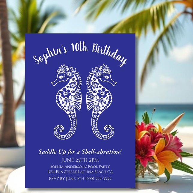 Convites Festa de aniversário-cavalo (Sea Horses-Fisherman Core-Hawaiian-Tropical-Birthday party invitations-Deep Blue)