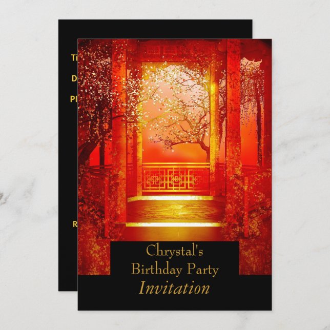 Convites Festa de Aniversário Cena Asiática Vermelho Dourad (Frente/Verso)