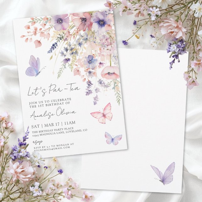 Convites Festa de Aniversário Chá de Borboleta com Flores S (Butterfly Wildflower Tea Party Birthday Invitation)