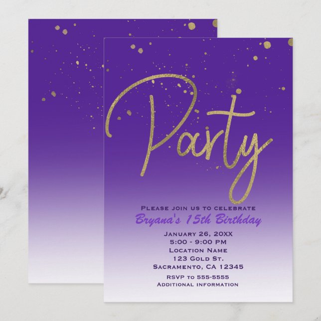 Convites Festa de Aniversário Chic com Glamour Moderno Roxo (Frente/Verso)