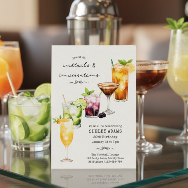 Convites Festa de Aniversário Chic Drinks & Conversas (Cocktails & Conversations - an invite to a night of drinks and good company)