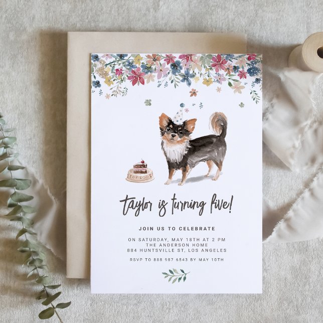 Convites Festa de aniversário Chihuahua de Longa Distância (Celebrate your furry friend’s special day with our charming black Chihuahua birthday invitation.)