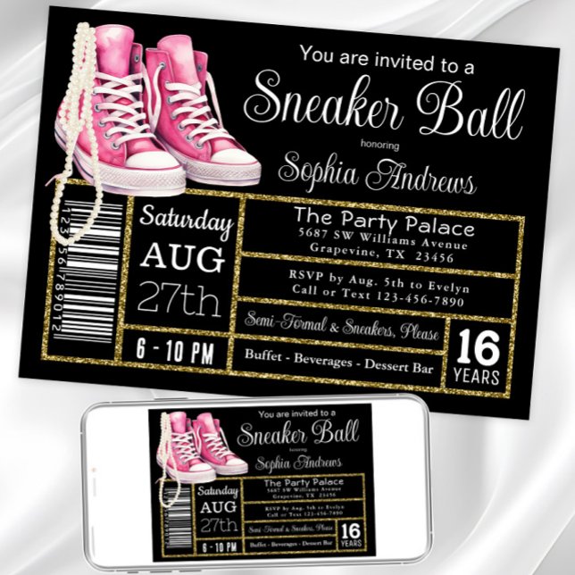 Convites Festa de Aniversário Chucks e Pérolas Sneaker Ball (Chucks and pearl any event sneaker invitation. Instant download and printed invitations available.)