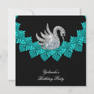 Convites Festa de Aniversário Cisne Azul Teal Floral Preto