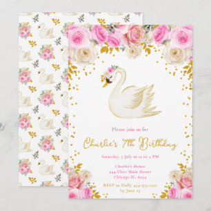 Convites Festa de Aniversário Cisne Rosa e Rosas Douradas