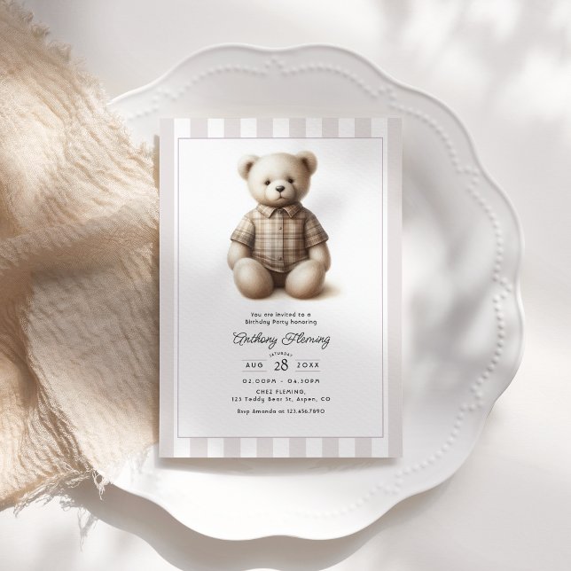 Convites Festa de Aniversário Clássica Préppy com Ursinho T (Classic Preppy Vintage Teddy Bear Birthday Party Invitation)