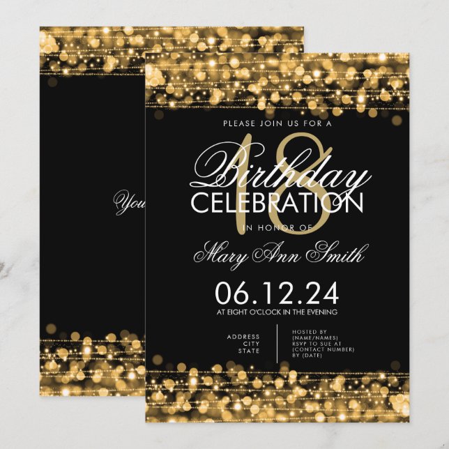 Convites Festa de aniversário Classy 18th Sparkles Dourado (Frente/Verso)