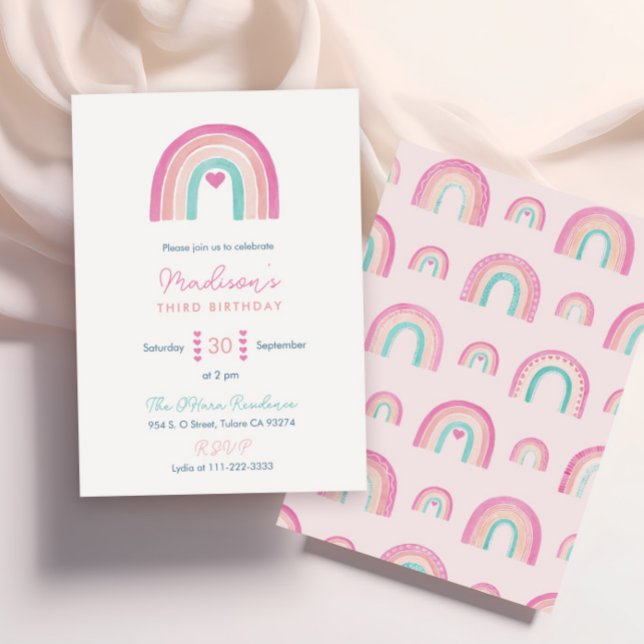 Convites Festa de aniversário Colorida Boho Rainbow (Boho Rainbows in Magenta and teal combine with hearts for this trendy girl birthday party invitation)