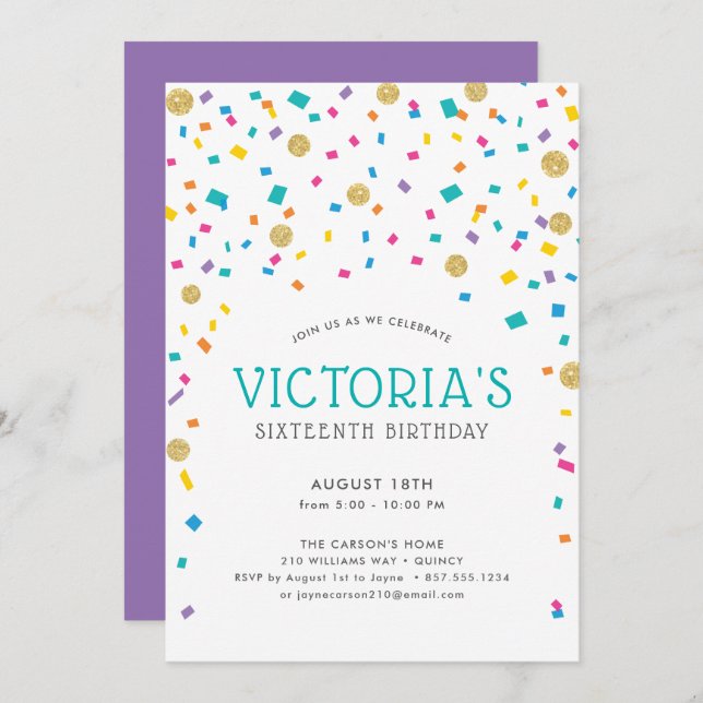 Convites Festa de Aniversário Colorida com Confetes (Frente/Verso)