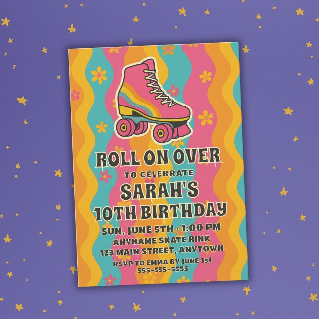 Convites Festa de aniversário Colorida da Rapariga de Pista (Colorful Retro Roller Skating Girl Birthday Party Invitation
)