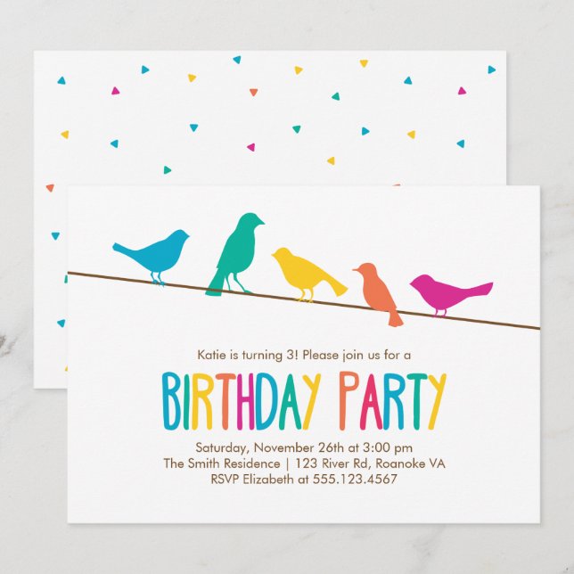 Convites Festa de aniversário Colorida de Aves (Frente/Verso)
