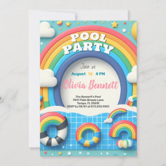Convites Festa de Aniversário Colorida de Piscina no Verão