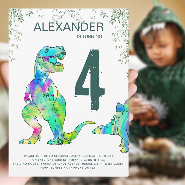 Convites Festa de aniversário Colorida do Dinossauro (Dinosaur boys 4th birthday party invitation colorful T-Rex and Stegosaurus dino green jungle theme)
