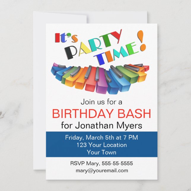 Convites Festa de aniversário Colorida do Teclado (Frente)