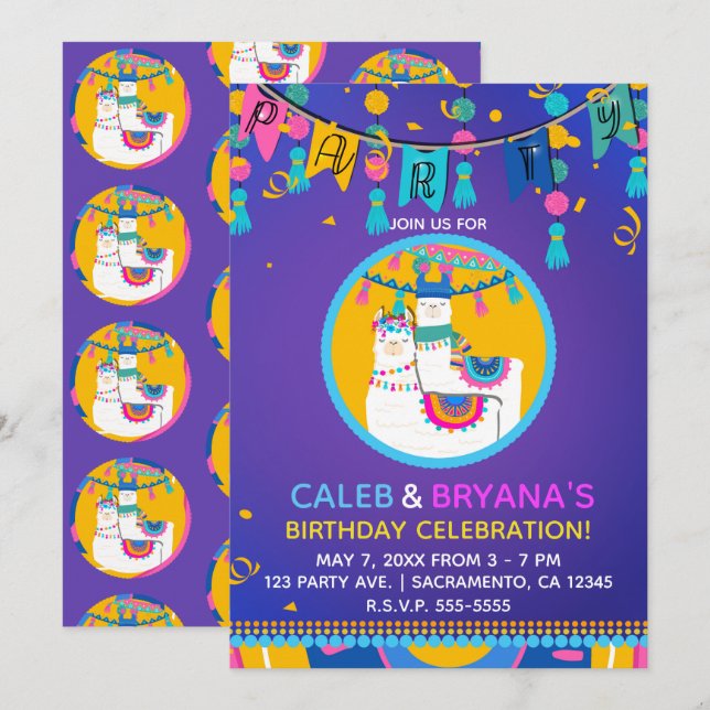 Convites Festa de Aniversário Colorida Llama Roxo Azul Amar (Frente/Verso)