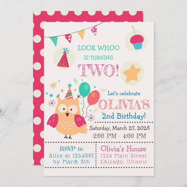 Convites Festa de aniversário colorido de coruja (Frente/Verso)