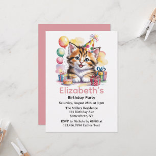 Convites Festa de Aniversário com Aquarela de Gatinho Fofo