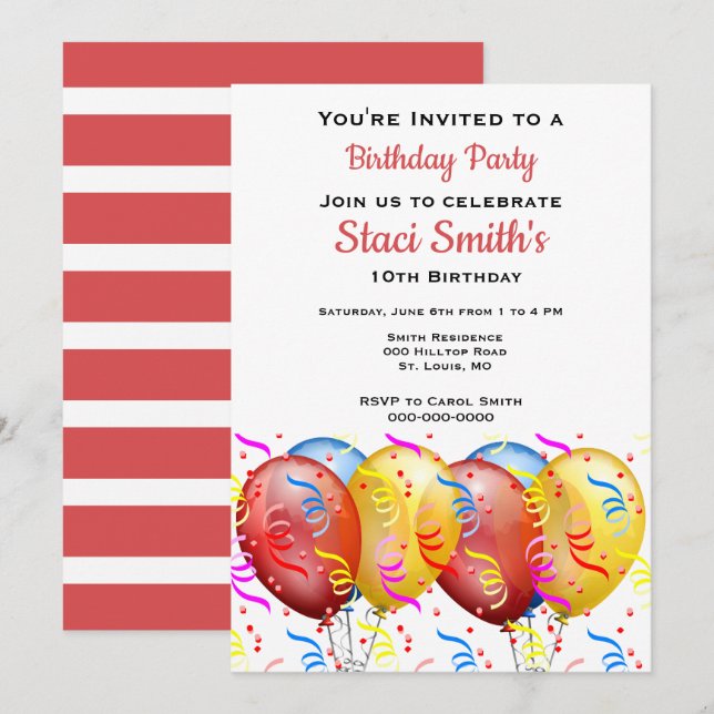 Convites Festa de Aniversário com Balões Menina 10  (Frente/Verso)