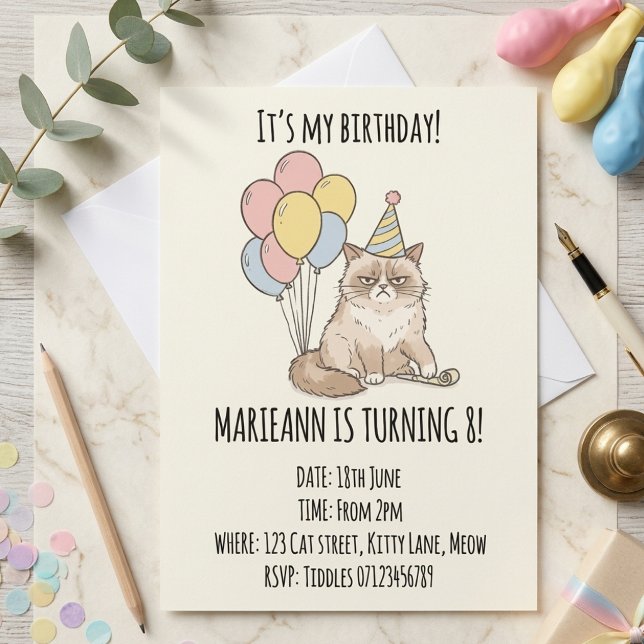 Convites Festa de Aniversário com Balões Pastéis e Gato Mal (Criador carregado)