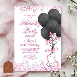 Convites Festa de Aniversário com Balões Preto e Rosa Brilh