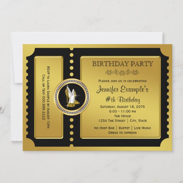 Convites Festa de Aniversário com Bilhete Dourado de Sapato (Frente)