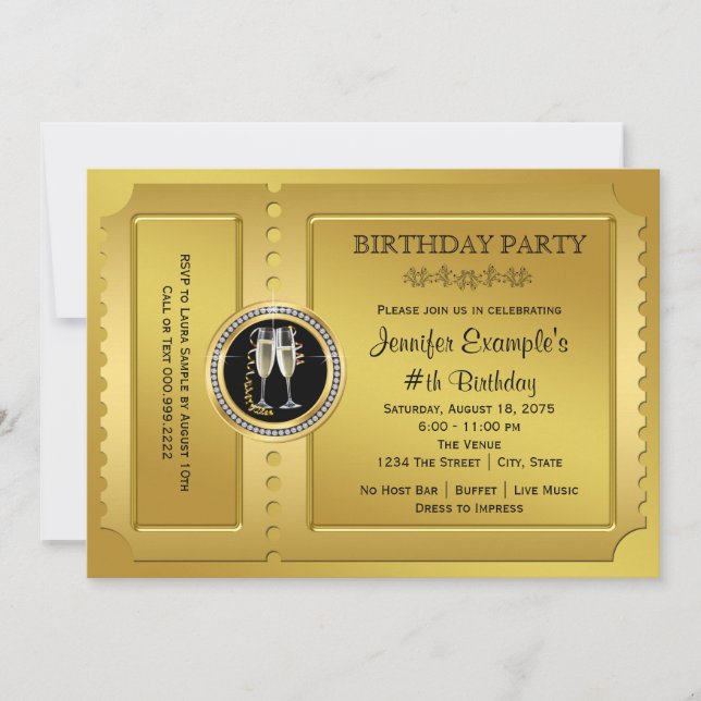 Convites Festa de Aniversário com Bilhete Dourado Elegante (Frente)