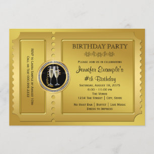 Convites Festa de Aniversário com Bilhete Dourado Elegante