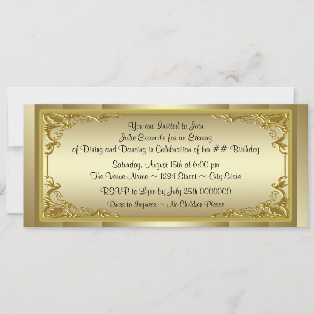 Convites Festa de Aniversário com Bilhete Dourado Elegante (Frente)