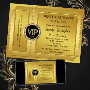 Convites Festa de Aniversário com Bilhete Dourado VIP Elega