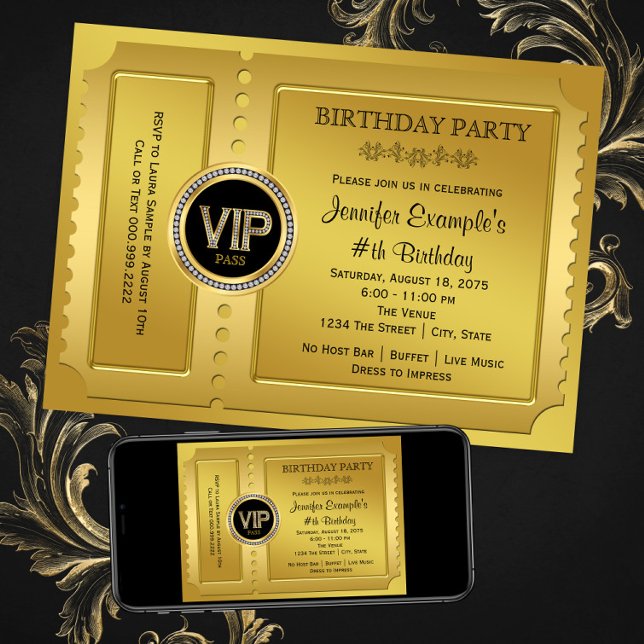 Convites Festa de Aniversário com Bilhete Dourado VIP Elega (Any number or event - add your own text. Instant download and printed invitations available. )