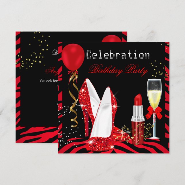 Convites Festa de Aniversário com Brilho de Lábios Vermelho (Frente/Verso)