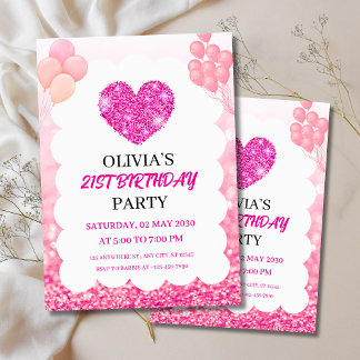 Convites Festa de Aniversário com Brilho Rosa e Balões