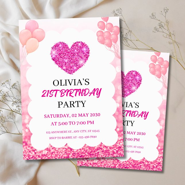Convites Festa de Aniversário com Brilho Rosa e Balões (Pink Glitter & Balloons Birthday Party Invitation
)