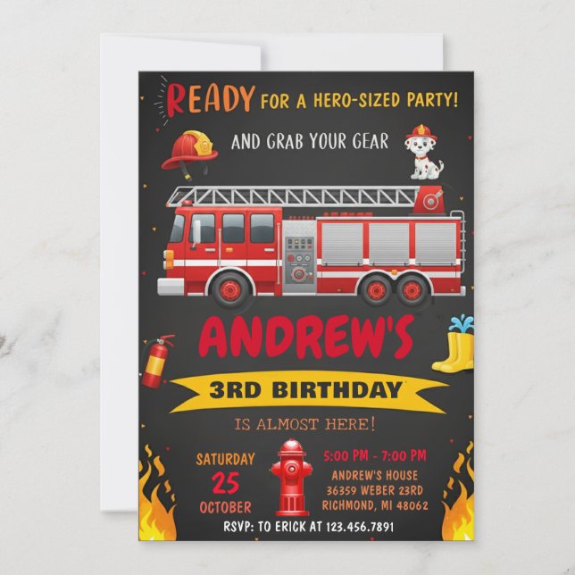 Convites Festa de Aniversário com Caminhão de Bombeiros Mod (Frente)