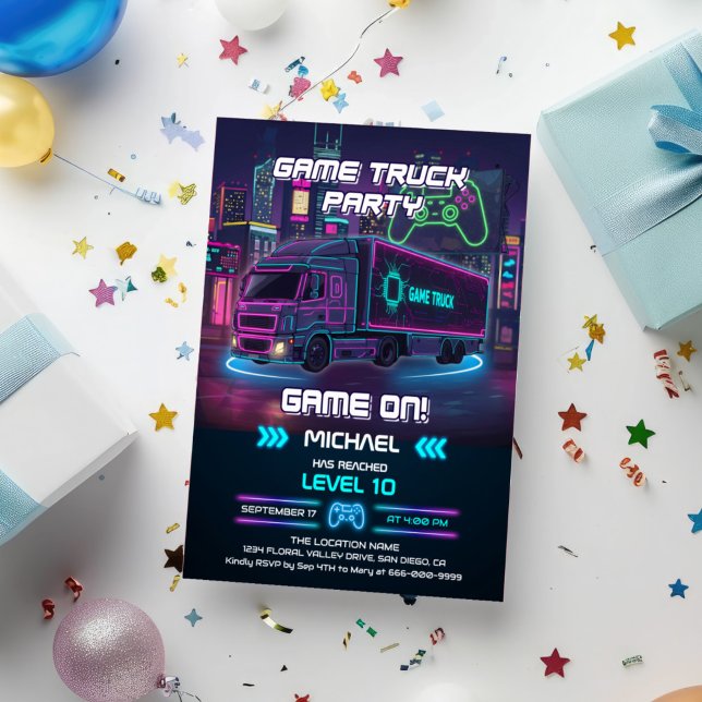 Convites Festa de Aniversário com Caminhão de Vídeo Game pa (Game Truck Birthday Party Invitation)